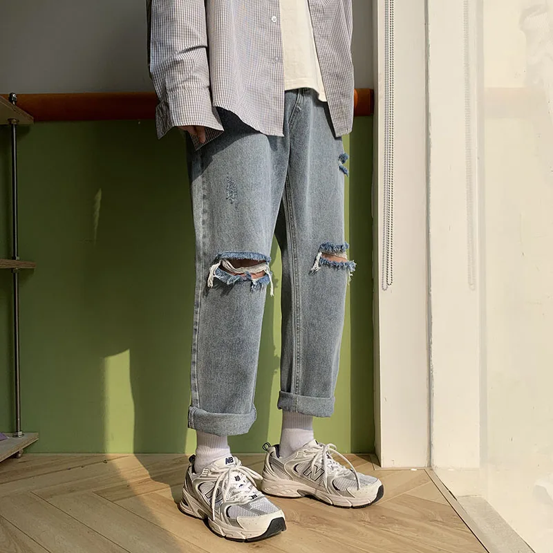 2022 New Men's Shredded Denim Ankle-Length Pants Korean Style Fashion Casual Baggy Wide-leg Jeans Male Trousers
