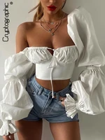 cryptographic elegant square collar puff sleeve vintage top and blouses women summer shirts cropped short tie front tops clothes