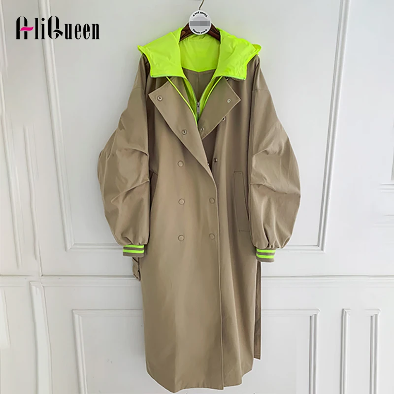 Fall Spring Hooded Loose Long Trench Coat Korean  Fluorescent Green Hit Color Khaki Overcoat Female Sashes Windbreaker