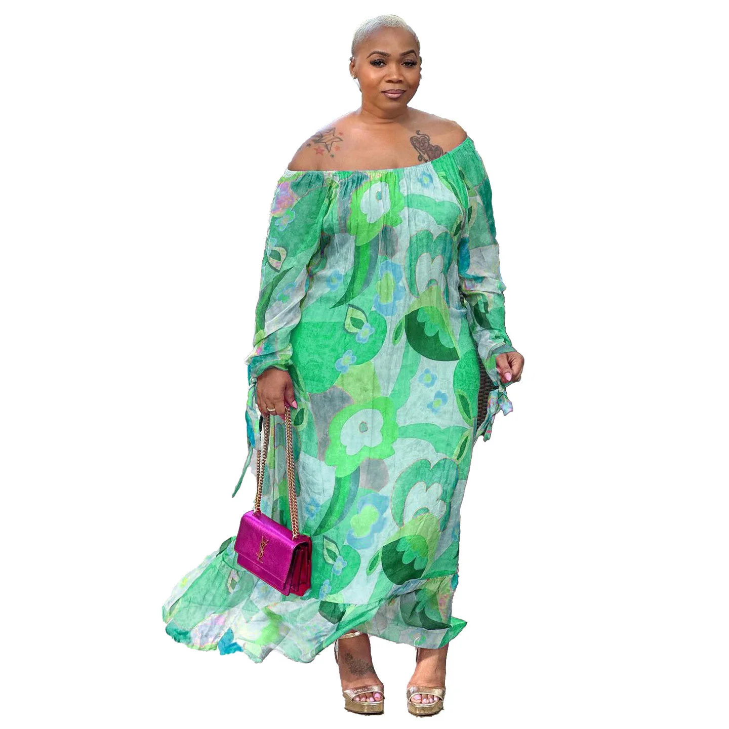 Plus Size Spring Summer Loose Women Casual Dress Big Size 3xl 4xl Slash Neck Long Sleeves Printing Leisure Hol 3xl 4xl 5xl 6xl