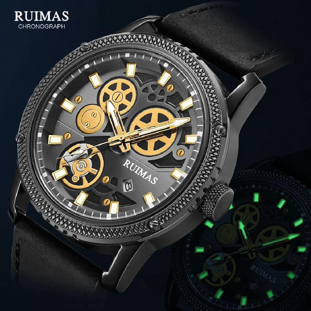 

Мужские повседневные кварцевые часы RUIMAS с кожаным ремешком, военные спортивные часы, мужские водонепроницаемые светящиеся наручные часы, новинка 2020, часы для мужчин