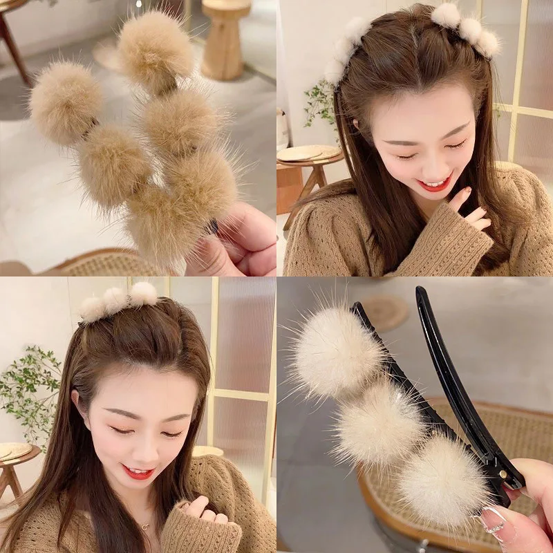 Cute Poms Fur Ball Three-Strand Braided Hair Separate Clips Hairpins Barrettes for Women Girls Bangs Clip Hair Accessories
