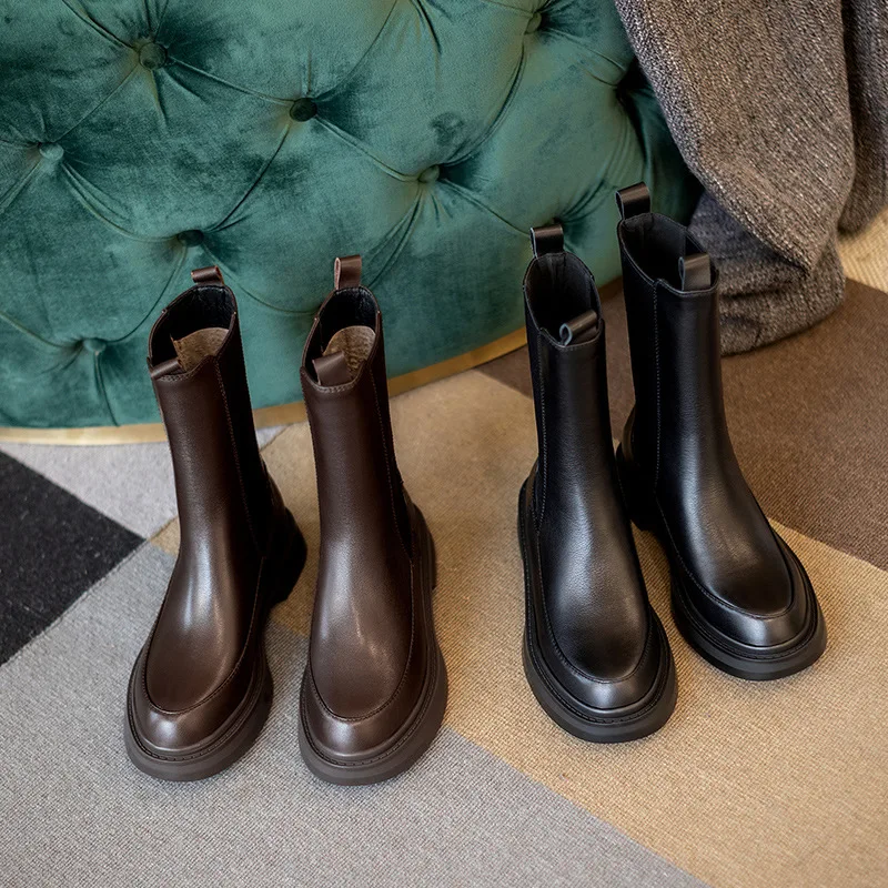 Chelsea Boots Women Natural Genuine Leather Flat Platform Mid Calf Boots Round Toe Ladies Shoes Autumn Winter Black 40