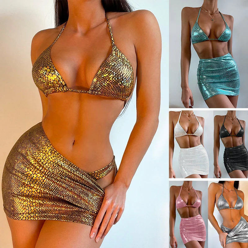 

2023 Sexy Women's 3 Piece Swimsuits Snakeskin High Cut Bikini Set with Beach Skirt