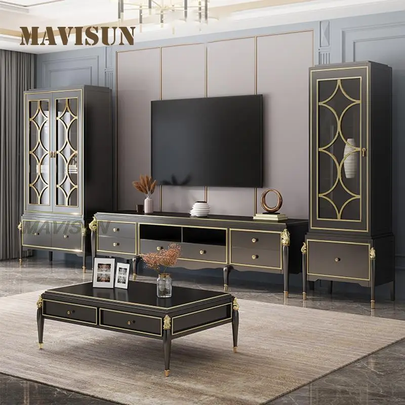

American Country Solid Wood Ebony Coffee Table Tv Stand Combination Set Luxury Living Room Floor Wine Cabinet Complete Furniture