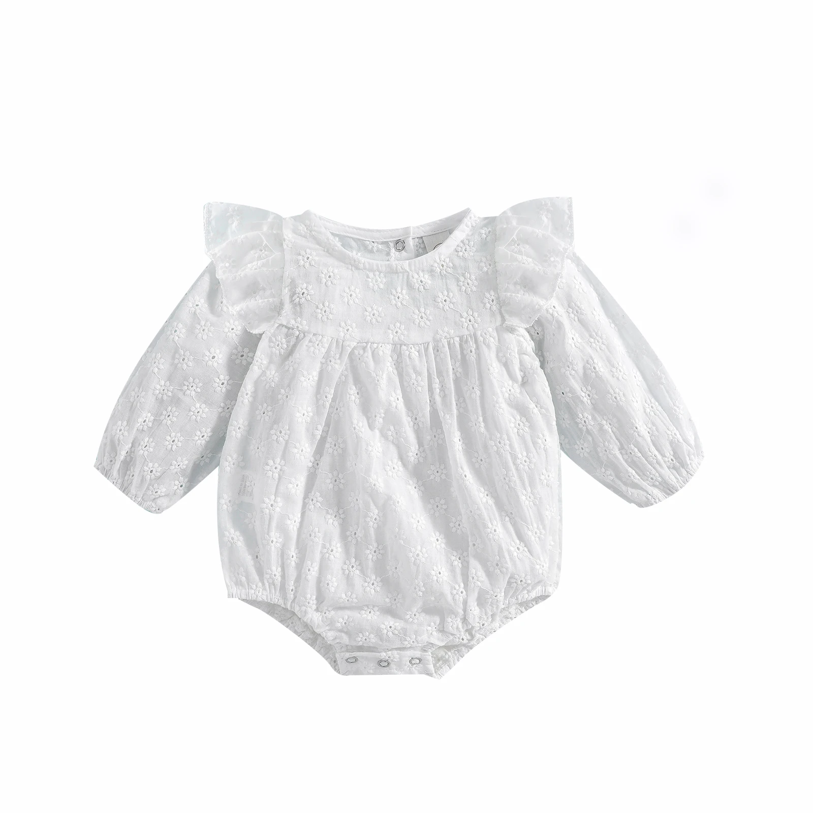 

Infant Baby Girls Jumpsuiy Flying Long Sleeve Hollow Out Flower Embroidered Solid Color Snap Closure Bodysuit