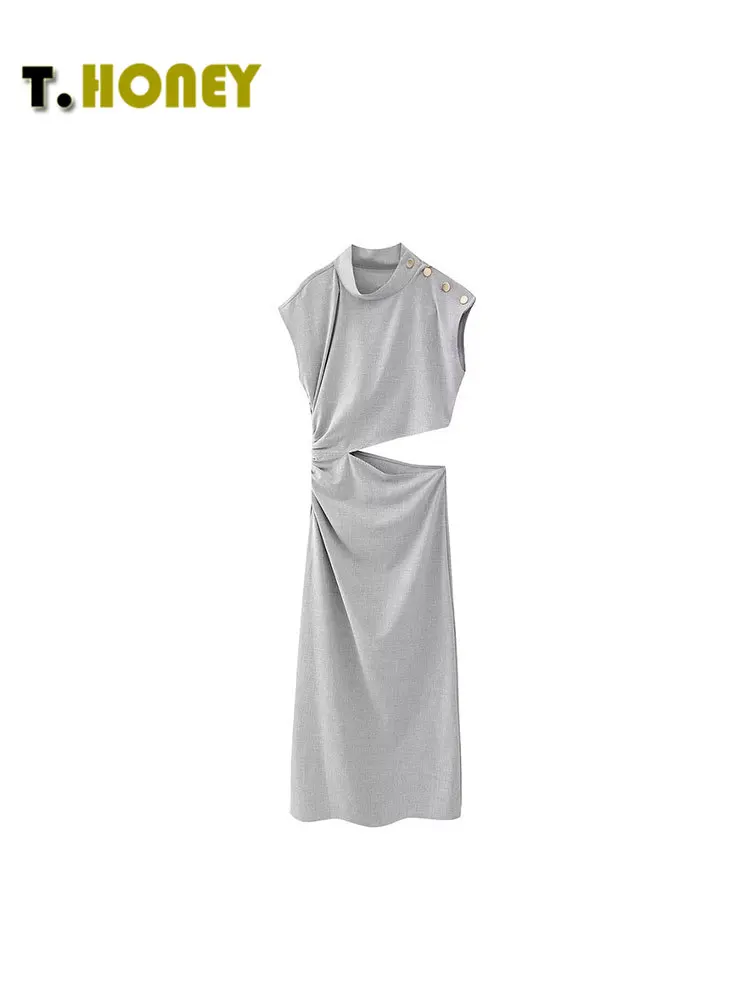 

TELLHONEY женское модное платье с ложным воротником и боковой молнией, женские повседневные облегающие платья миди без рукавов с разрезом на талии