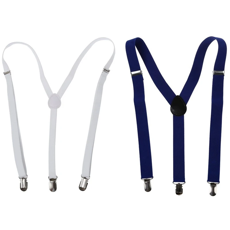 

NEW-2X Adult Adjustable Metal Clamp Elastic Suspenders Braces Dark Blue & White
