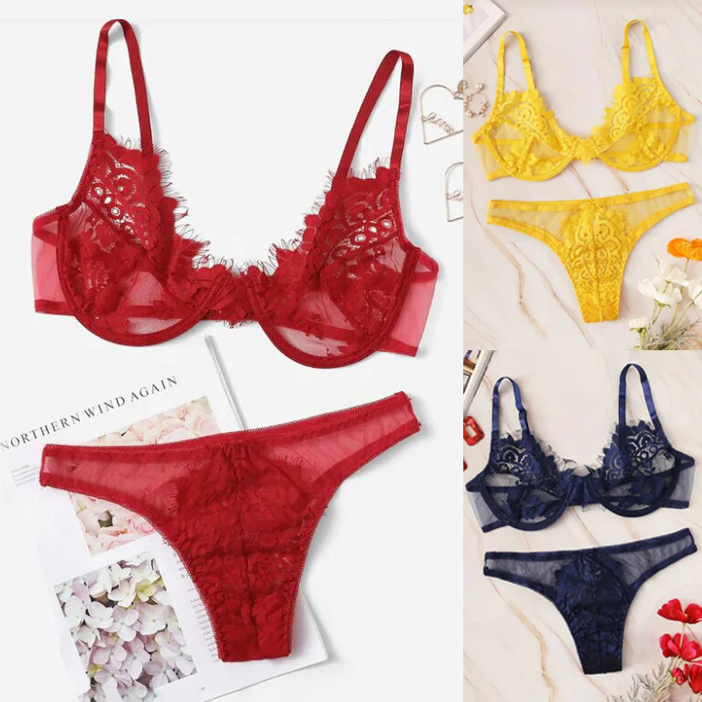 

Sexy Nightwear Sleepwear Lingerie Lace Dress Underwear Strap Bodysuit Solid Color Ultra-thin Wireless Bra Set Transparent Pants