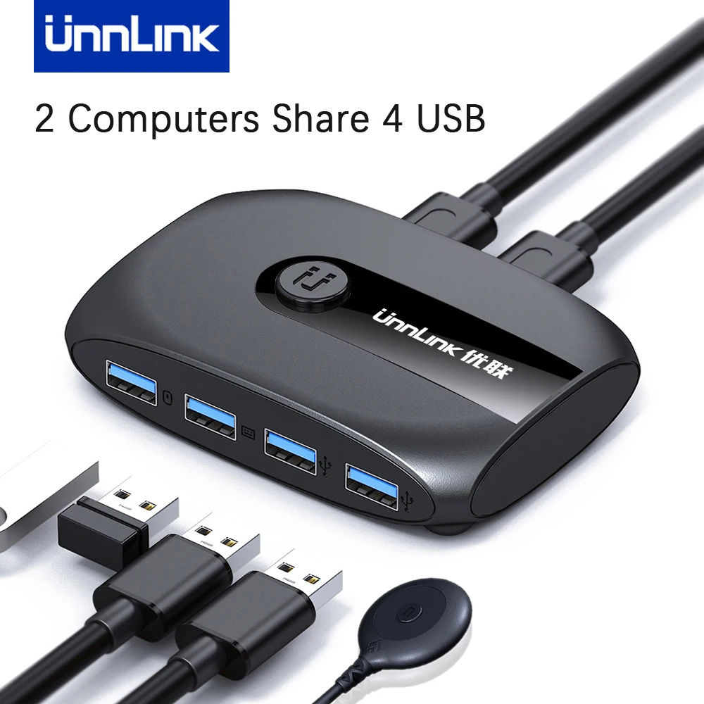 Квм-переключатель Unnlink USB 3,0 2,0, переключатель с удлинителем для клавиатуры, мыши, принтера, U-диска, 2 шт., хост-компьютера, ноутбука, Share, 4 USB