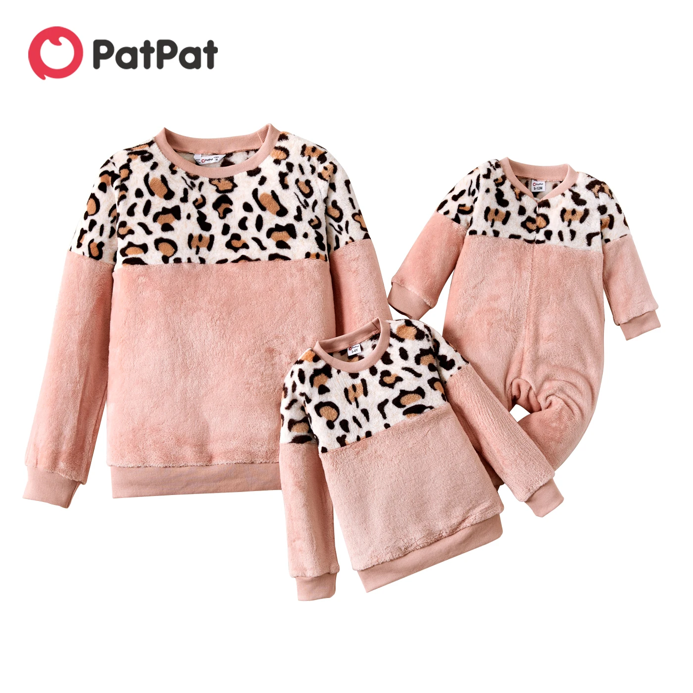 

PatPat Leopard Spliced Pink Long-sleeve Fuzzy Pullover for Mom and Me