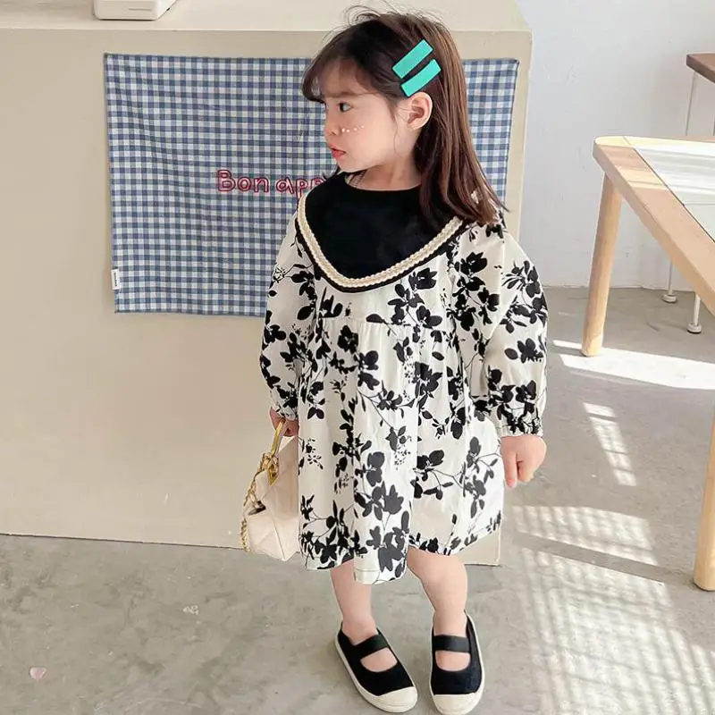 

Новинка Весна 2022, платье с длинным рукавом для девочек, модное платье принцессы с винтажным принтом для детей, Повседневное платье с круглым...