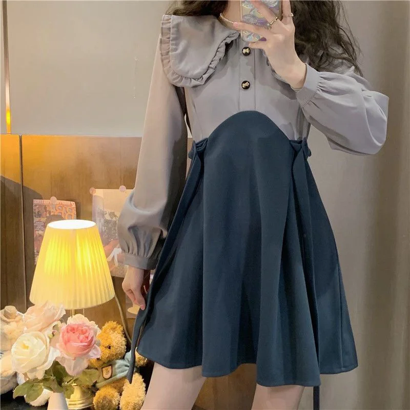 

Deeptown Sweet Kawaii Japanese Patchwork Dresses Women Korean Fashion Peter Pan Collar High Waist Princess Dress Lantern Sleeve