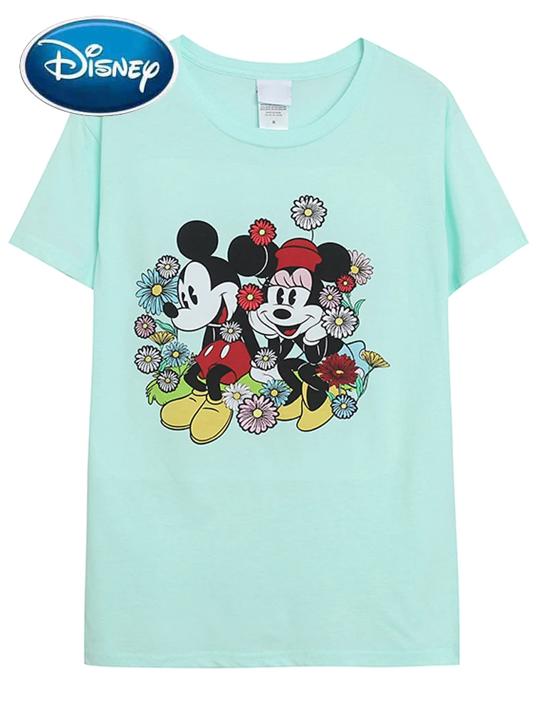

Дисней Мода Минни Микки Маус цветы вышивка мультфильм печать футболка для женщин o-образным вырезом Пуловер короткий рукав тройник топы для женщин