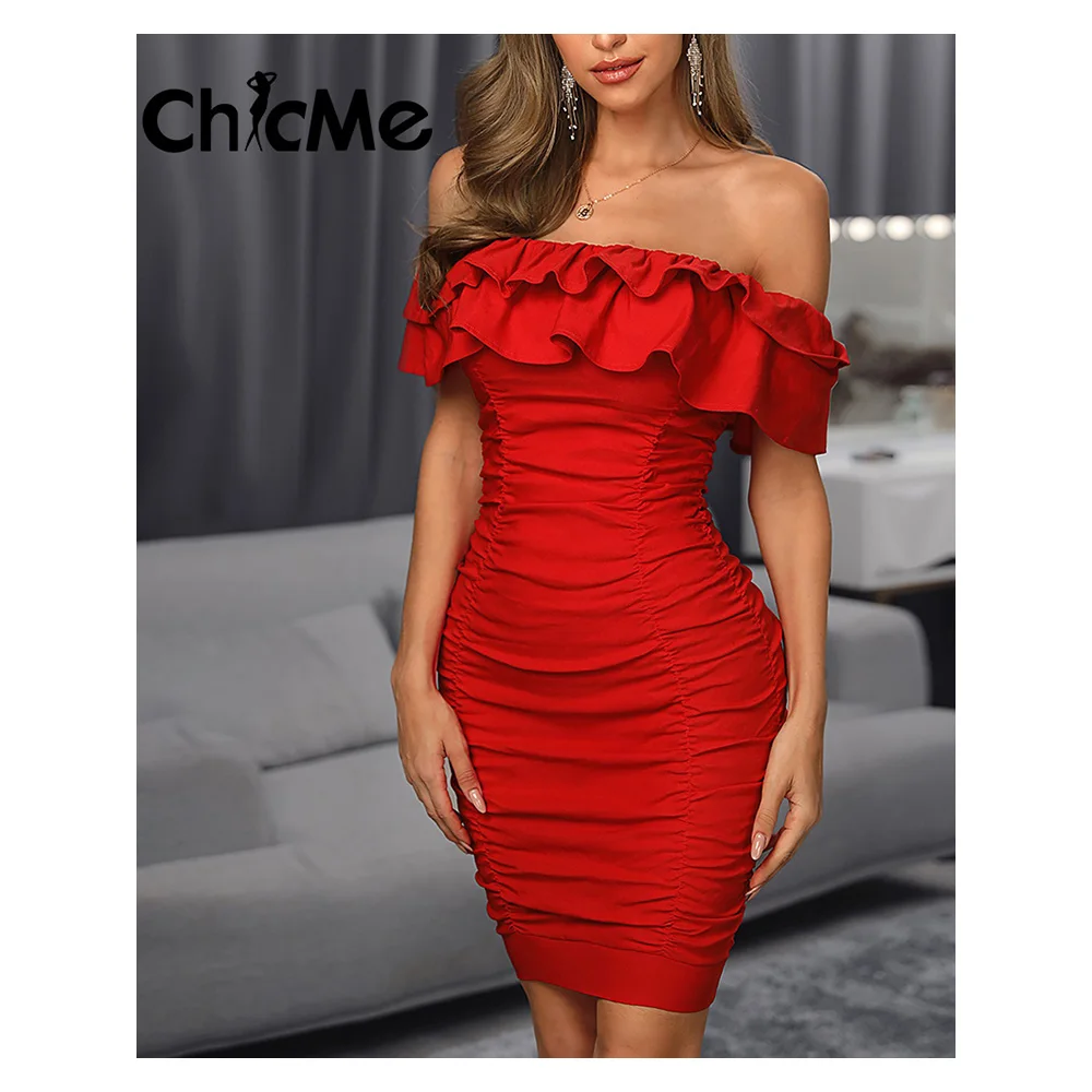 

Chicme Summer Women Mimi Ruched Ruffles Off Shoulder Dress Bodycon Solid Color Party Fashion Sexy 2021 Casual Elegant Slim