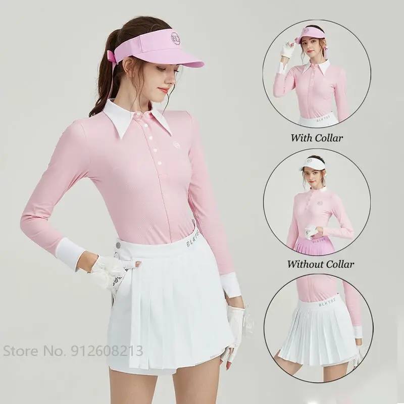 Blktee Autumn Ladies Golf Long-sleeved T-shirt Lapel Collar Pink Tops Girls Golf Pleated Skirt Set Girls High Waist Pantskirt