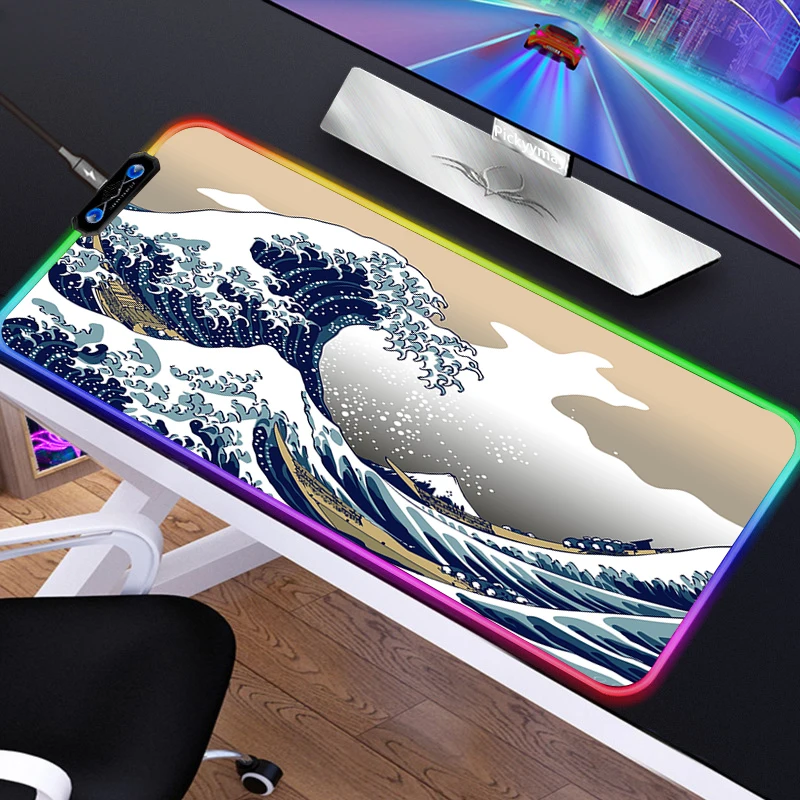 

Японский геймерский коврик для мыши Great Wave Off RGB, цветные светодиодные коврики для клавиатуры ноутбука, настольные USB-коврики, игровой коврик ...