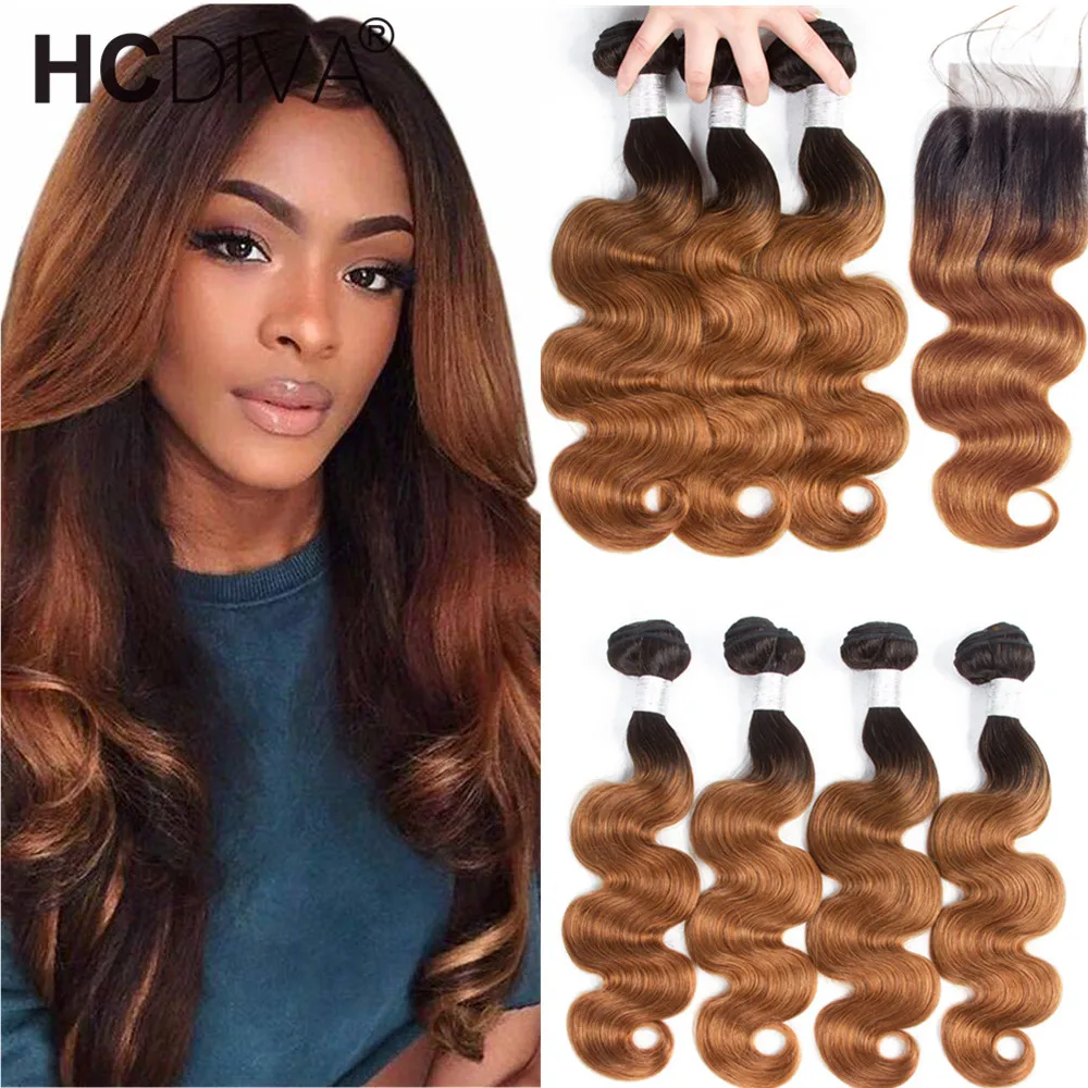 Ombre Hair Bundles With Closure T1B/30 Colored Body Wave Bundles With Closure Brazilian Hair Bundle cheveux humain avec closure