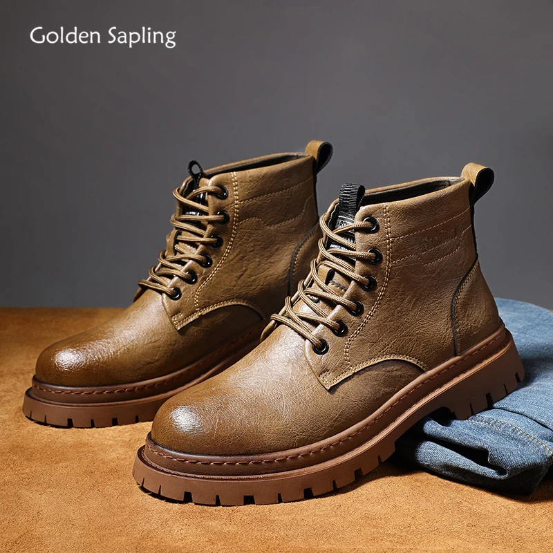 

Golden Sapling Boots for Men Fashion Leather Shoes Retro Platform Flats Casual Men's Boot Leisure Tooling Footwear Winter Shoe
