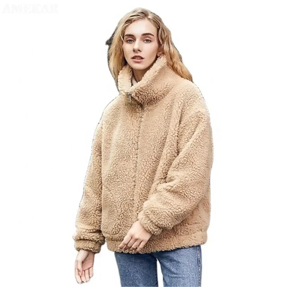 Winter Women Real Fur Pure Color Coat Casual Fashion Fluffy Women Plus Size Real Fur Brown Thermal Stand Collar Zipper Jacket