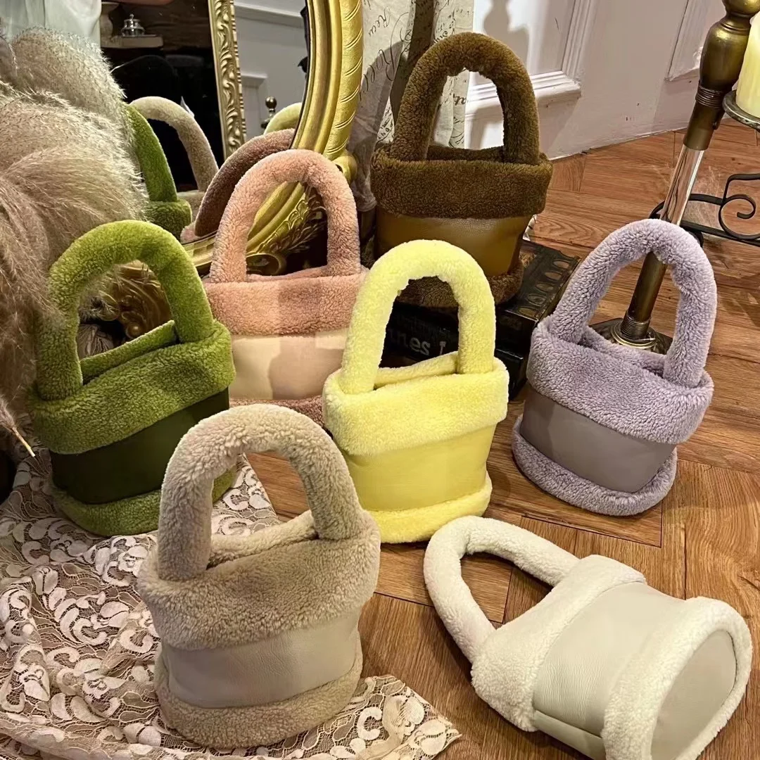 

New Fashion Autumn Winter Candy Color Velvet Plush Bucket Bag PU Leather Women's Handbag Lady Purse Trendy Casual Shoulder Bag