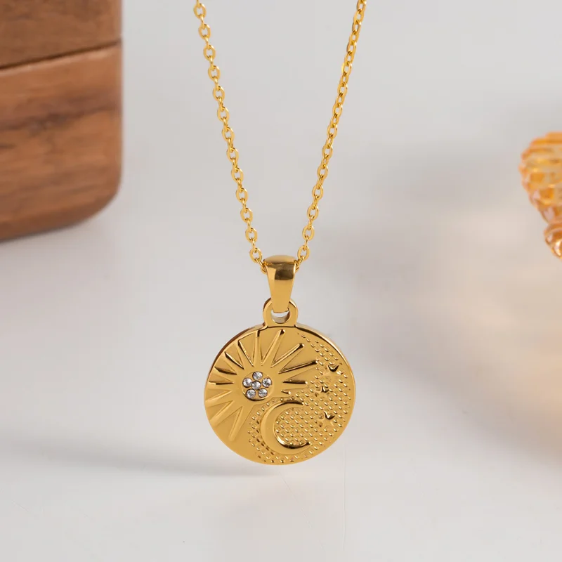 

Minar French Shiny CZ Zircon Sun Moon Round Coin Pendant Necklaces 18K Gold Plating Stainless Steel Choker Necklace for Women