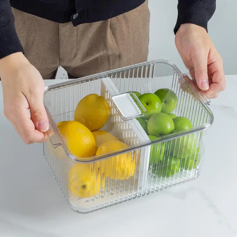 

2pcs Stackable Clear Plastic Food Grade Storage Box Container with Seal Lid Drainer Kitchen Refrigerator Organizer Bins Set