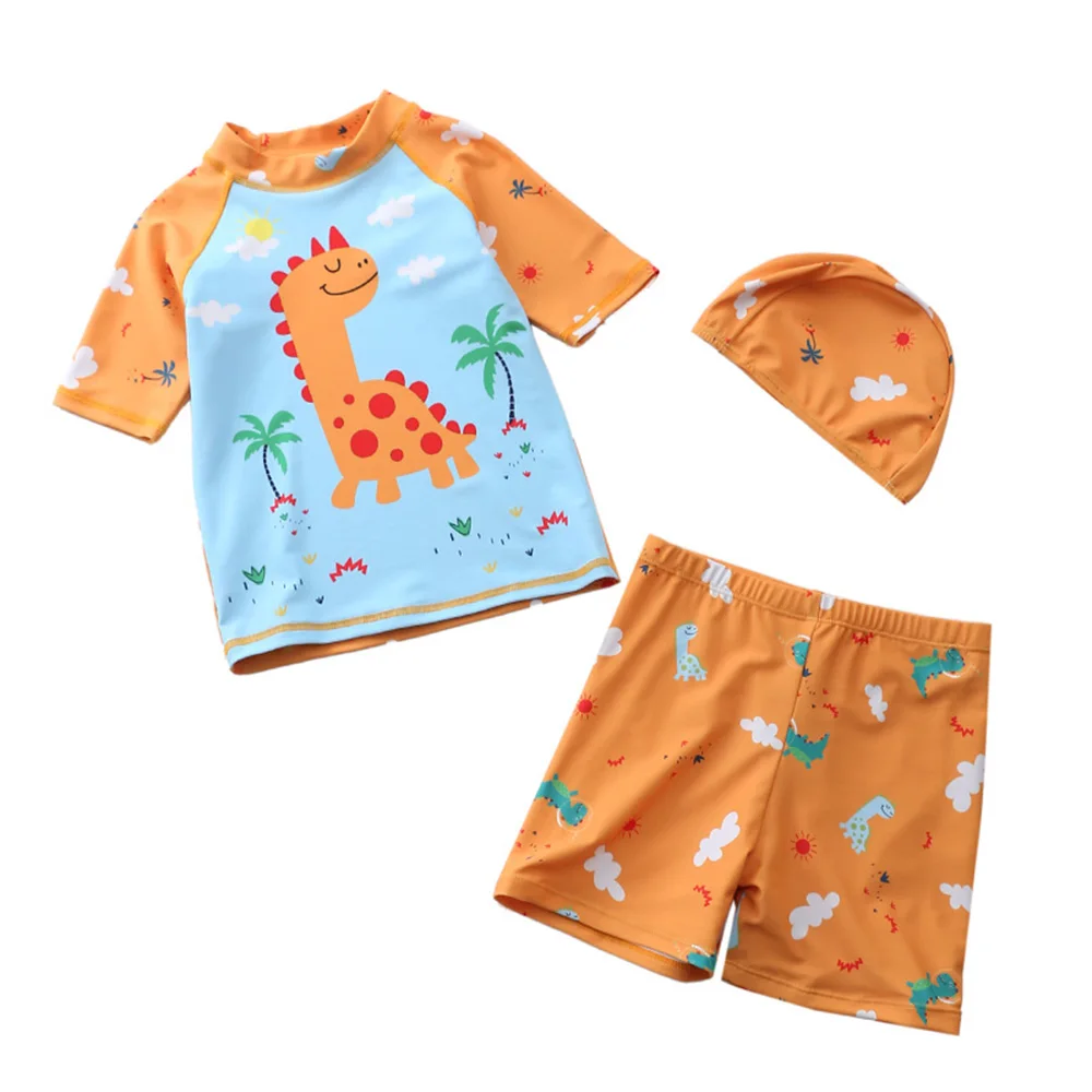 

Happyflute 7-33kg 3Pcs/Set Boy's Cartoon Dinosaur Print Baby Swimsuit Children Polyester Swimming Cloth Set With Hat