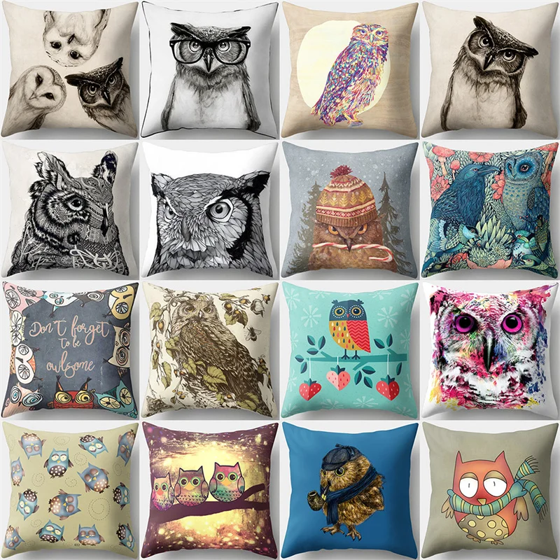 

Cute Cartoon Owl Animal Pillowcase Leaves Plant Square Cushion Cover Car Waist Throw Pillowslip Sofa Living Room Home Decoration