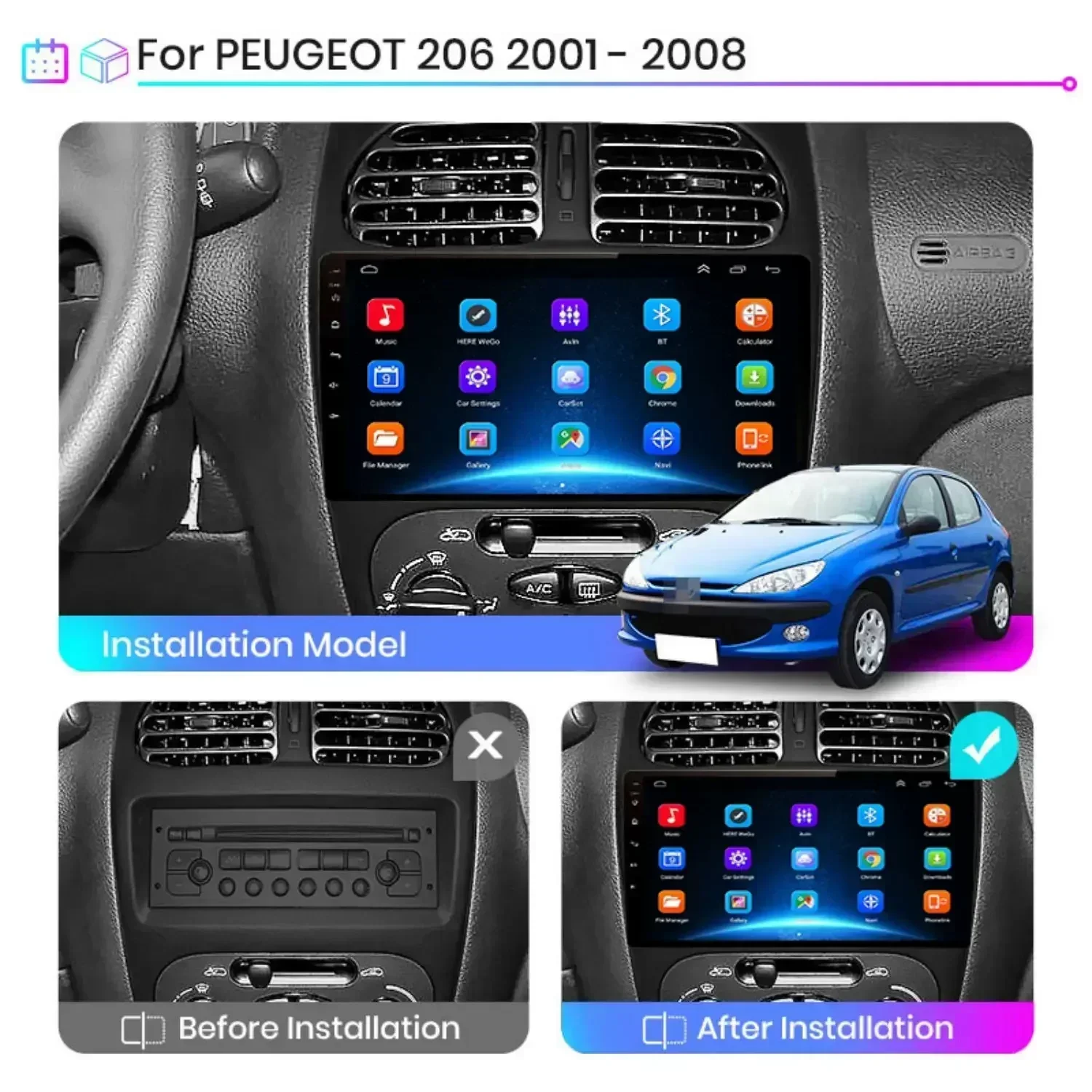 Фото Автомобильный радиоприемник 2 Din для Peugeot 206 206CC 206SW 2001-2008, беспроводной CarPlay Android 14, автомобильный интеллектуальный аудиосистема без 2 din, головное устройство №2