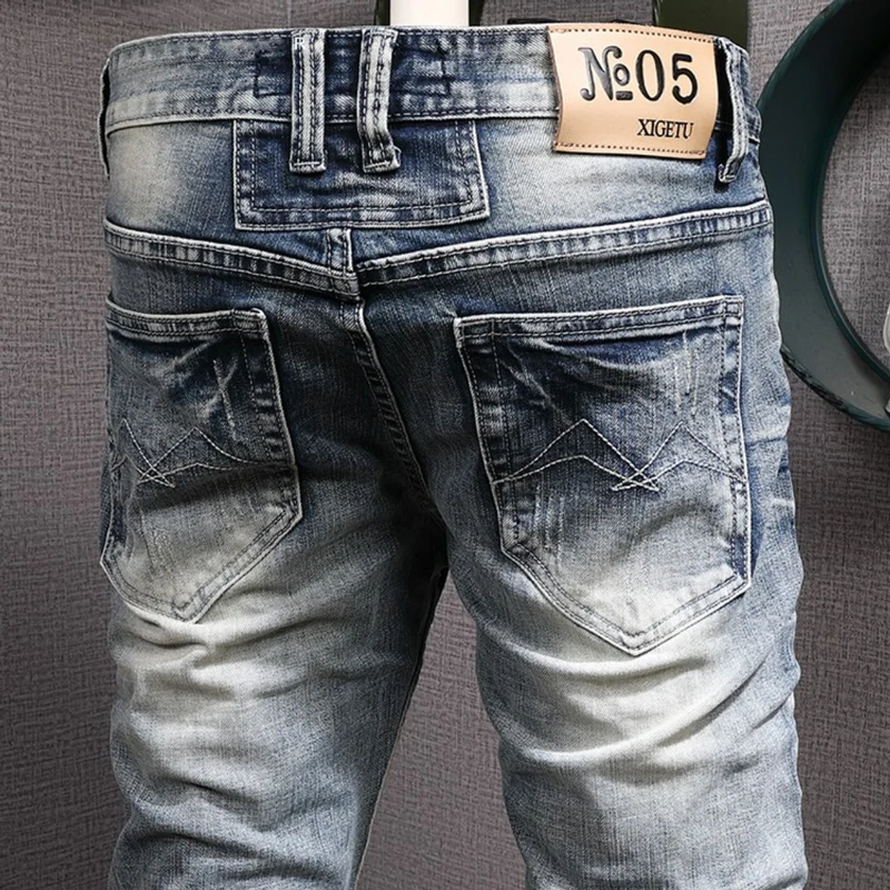Fashion Designer Men Jeans High Quality Retro Blue Stretch Slim Fit Ripped Jeans Men Trousers Vintage Casual Denim Pants Hombre