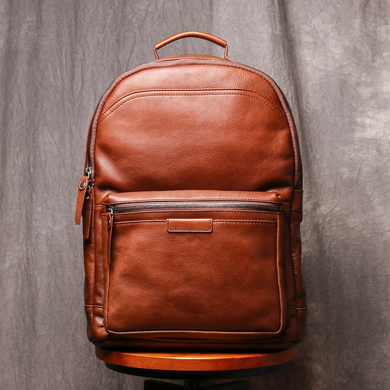 

Fashion Male Backpack Brown Cowhide Genuine Leather Men 14 Inch Laptop Travel School