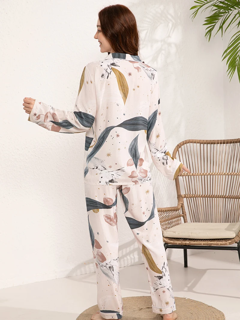 Women Home Clothes for Spring and Autumn Pajamas Set Long -Sleeved Plus Size S-3XL 100% Viscose  Loose Nightwear Suit Casual