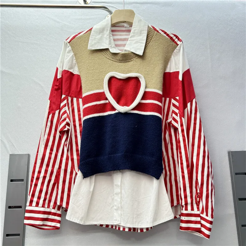 DEAT женская рубашка свободная лоскутная блузка из 2 предметов вязаная однобортная