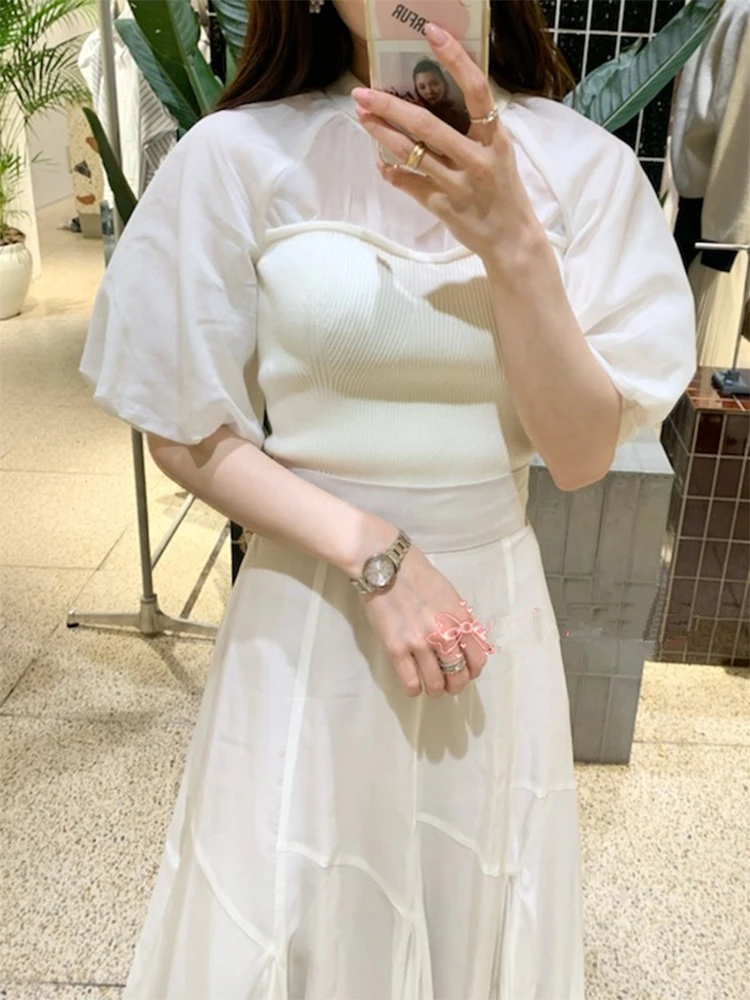 

Женская прозрачная блузка LY VAREY LIN, летняя блузка с пышными рукавами, однотонные вязаные топы в японском стиле