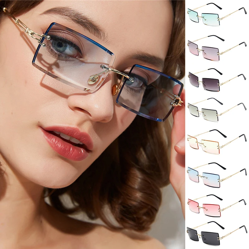 

Vintage Fashion Sunglasses Rimless Eyewear Rectangle Shades UV400 Summer Traveling SunGlasses For Women New Korean Sun Glasses
