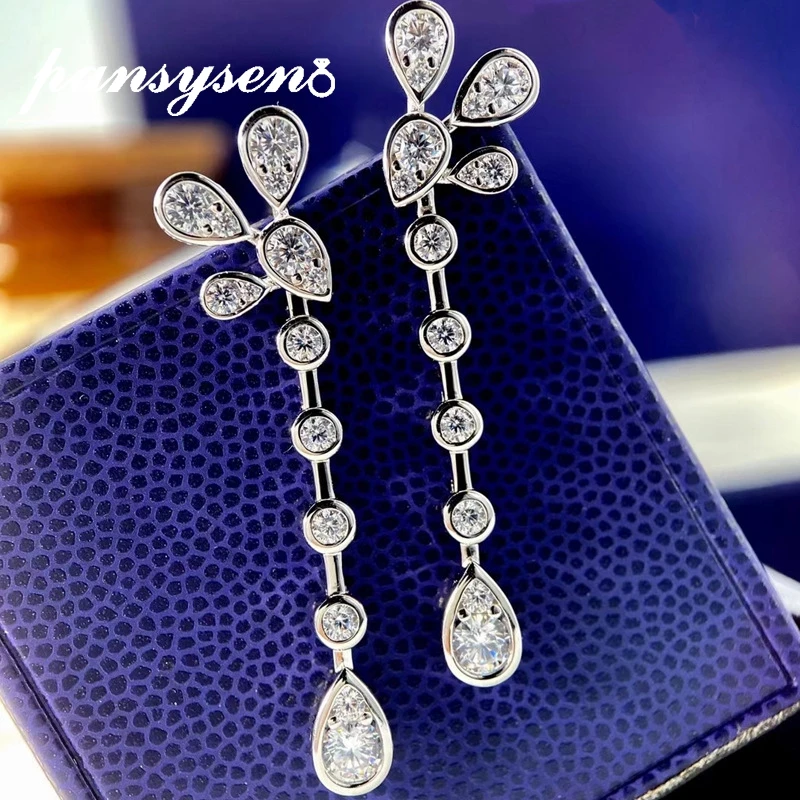 

PANSYSEN New Luxury Solid 925 Sterling Silver Simulated Moissanite Diamond Wedding Engagement Dangle Drop Earrings Girls Jewelry