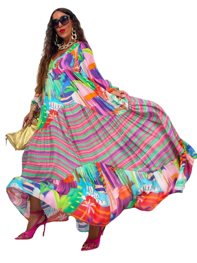 

African Print Dresses for Women Summer Sexy African Long Sleeve V-neck Polyester Long Pleated Dress Maxi Dress African Dresses
