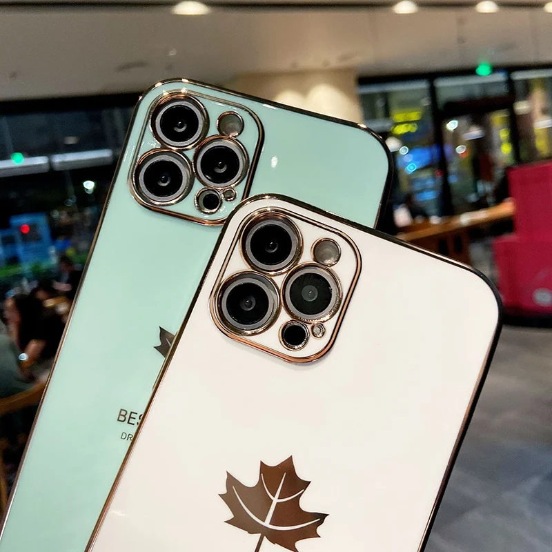 

6D Electroplated Soft Phone Case,Maple Leaf Straight Side For Iphone 13 Pro Max 12 11 Xs Xr X 8 7Plus iphone 8 plus case