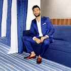 Модные синие мужские костюмы, облегающий комплект из 2 предметов, пиджак и брюки для жениха, Свадебный Смокинг на одной пуговице, официальная офисная одежда, мужской костюм