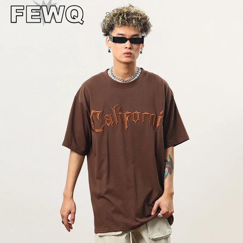 

FEWQ Retro Men's T-shirts Letter Embroidery Male Short Sleeve Tee Gothic O-neck American Style Pullovers Summer Chic New 24B2511
