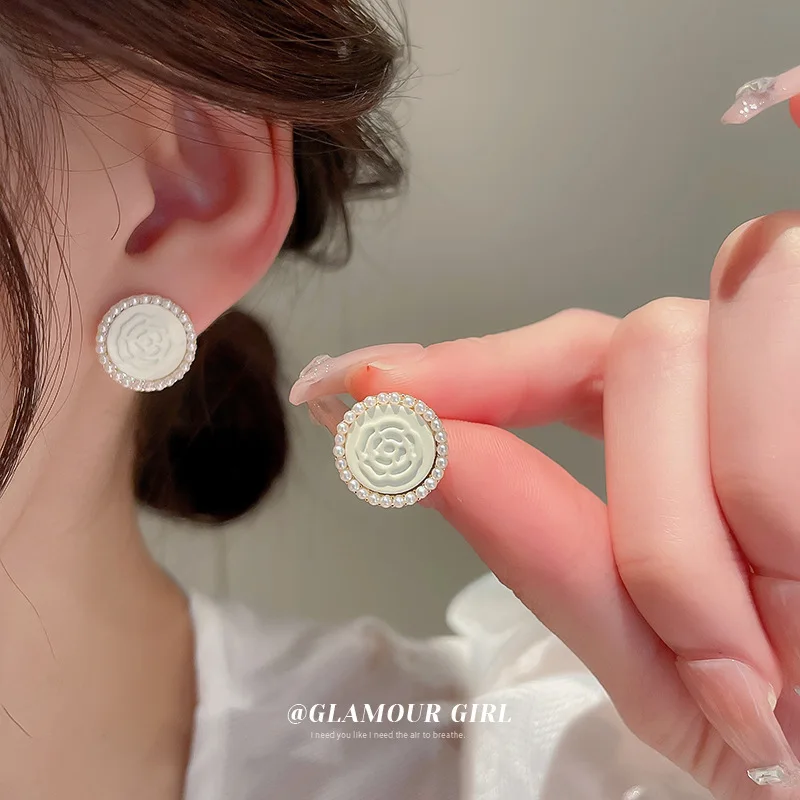 

Gold Plated Silver Needle Flower Pearl Circle Earrings Korean Ins Simple Summer Small Fresh Female