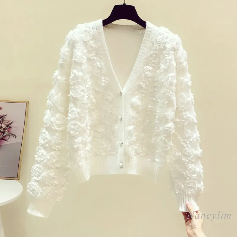 Fall Cardigan Women Three-Dimensional Flower V-neck Cropped Sweater Coat Long Sleeve New Korean Fashion Knit Cardigans White