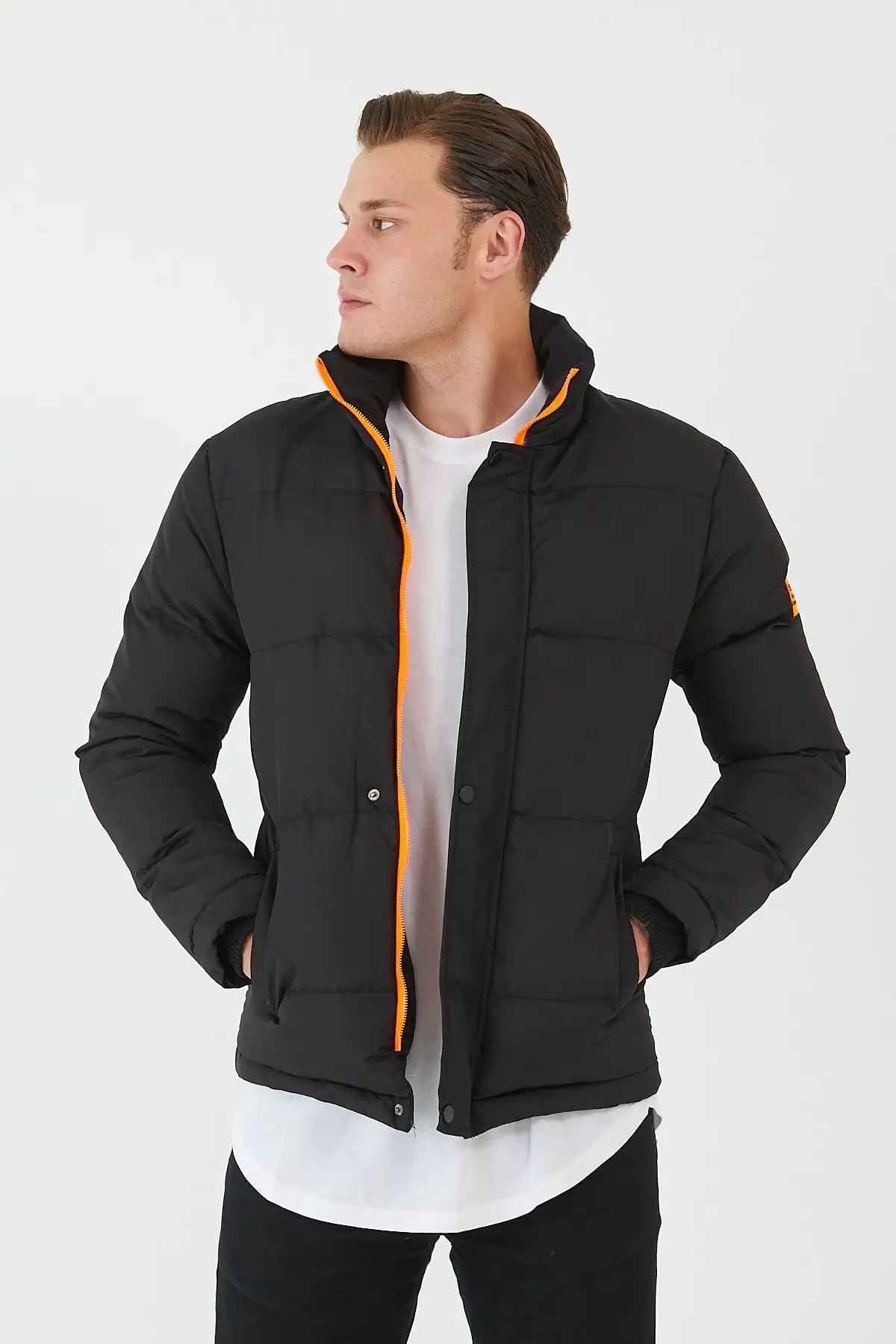 

Men's Black Orange Zipper Coats