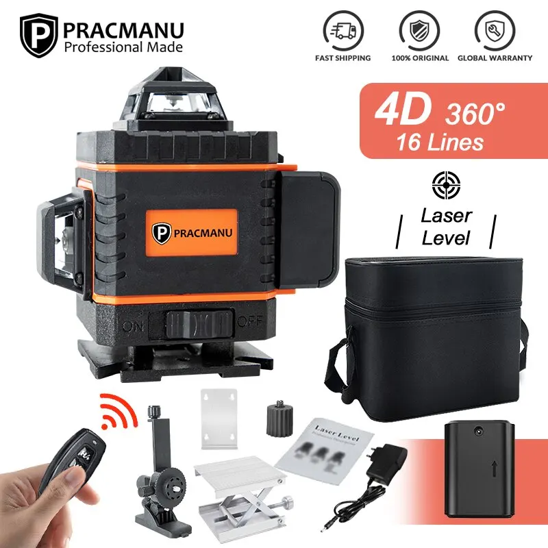   Pracmanu 16 라인 4D 레이저 레벨 자동 수평 및 수직 크로스 라인 레이저 레벨 슈퍼 강력한 녹색 빔 