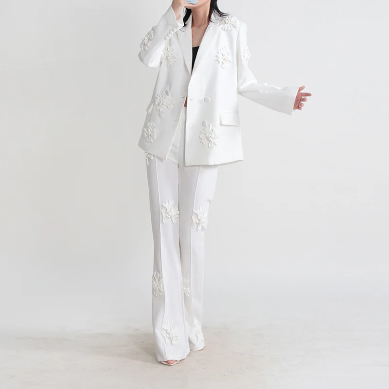 2023 Summer New Women's Temperament Suit, Long-sleeved Buckle Lapel Three-dimensional Flowers Stitching Solid Color Jacket for W