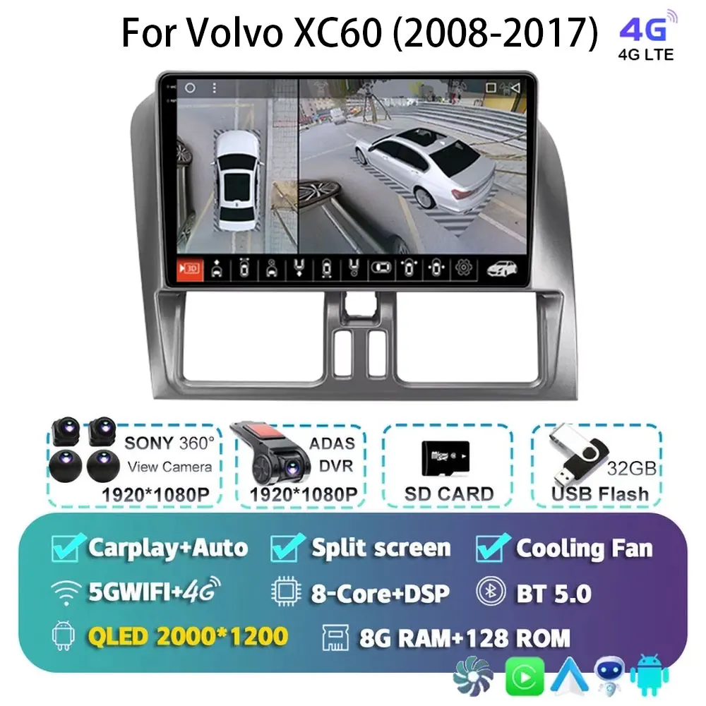 

Автомобильный радиоприемник для Volvo XC60 2008 2010 2013 2014 2017, беспроводной CarPlay Android 15 Auto 4G, автомобильный мультимедийный GPS 2 Din, авторадио