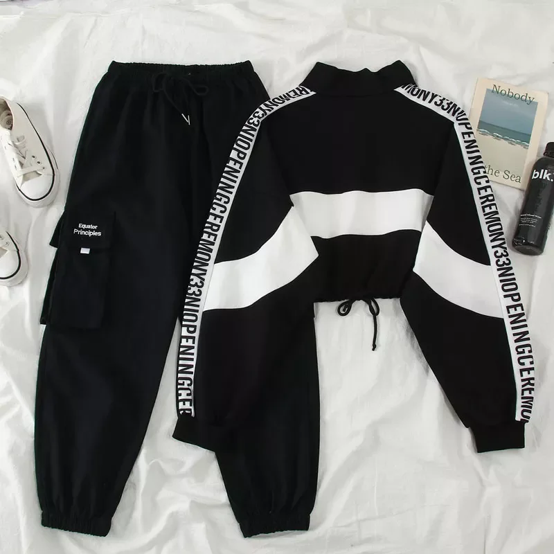 

2020 Autumn High Waist Streetwear Cargo Pants Female Harajuku Loose Joggers Women 2 Piece Suit harem camo pants
