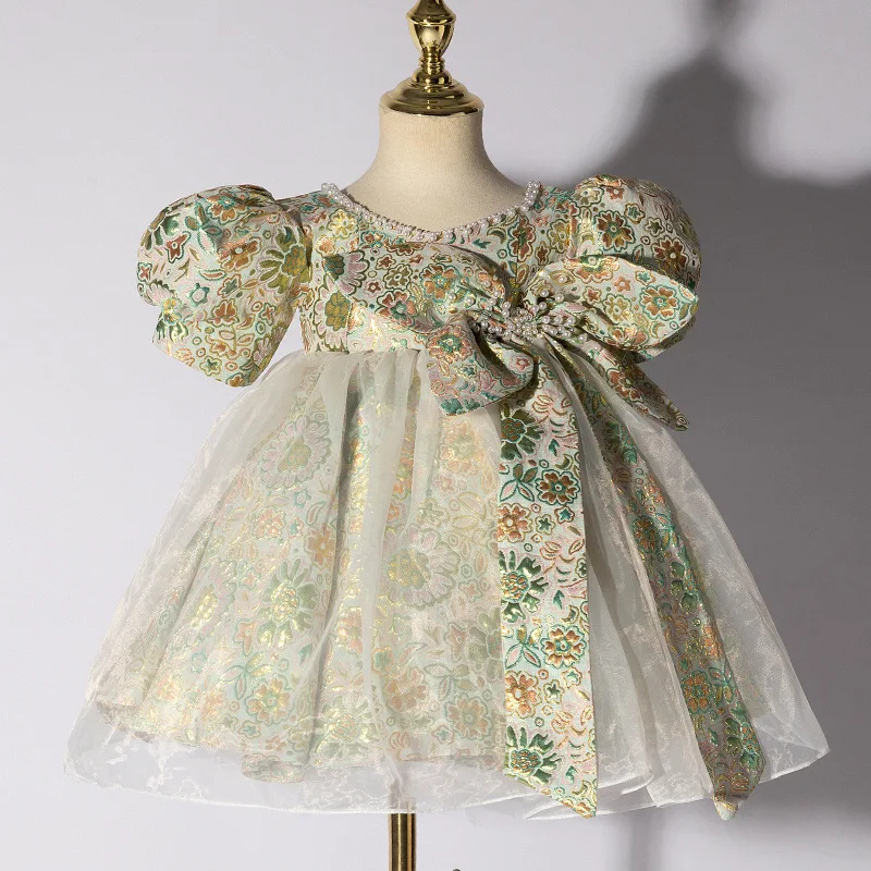 

Children's dress winter new round-necked performance dress high-end girls birthday princess dress one-year-old dress