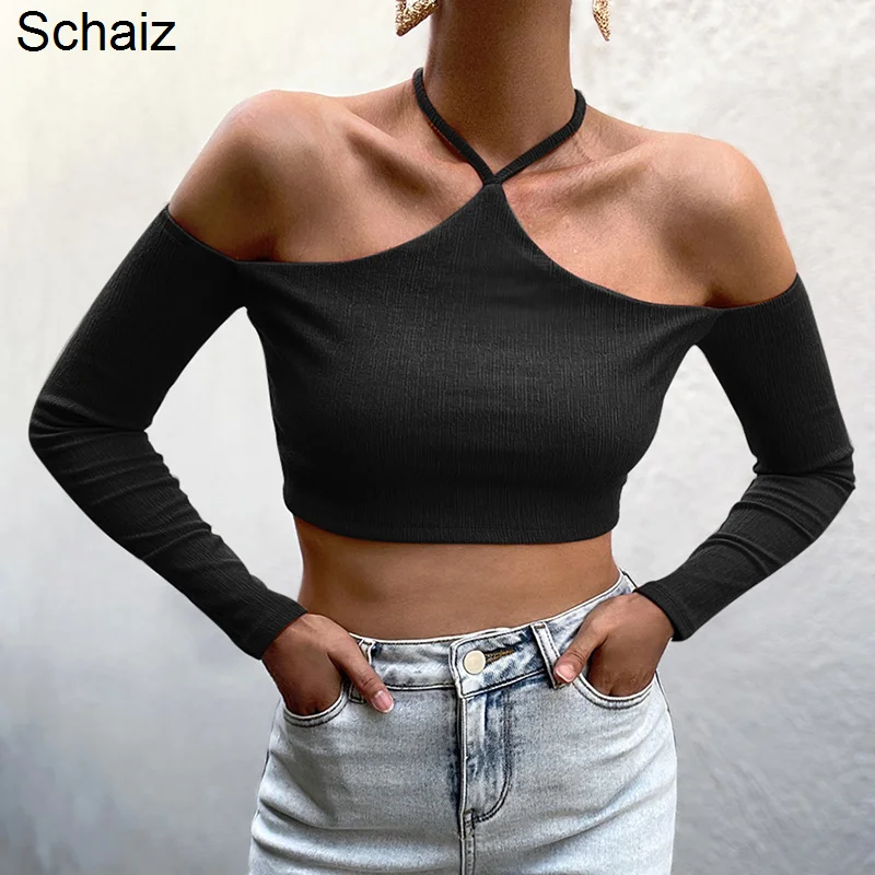 

Top Women Neck Strap Long Sleeve T-shirt Women's Summer Design Sense Niche 2021 New Slim Off Shoulder Top